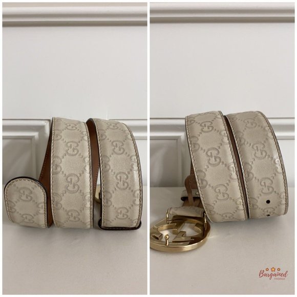 Authentic Gucci Cream Guccissima Leather Gold Interlocking G Buckle Belt 85/34 - Picture 8 of 13